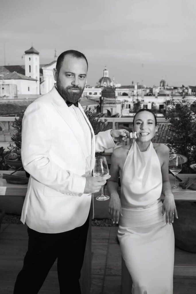 Wedding photography in Rome at Six Senses Hotel Notos: Alp and Selen share a joyful and intimate moment on the rooftop.